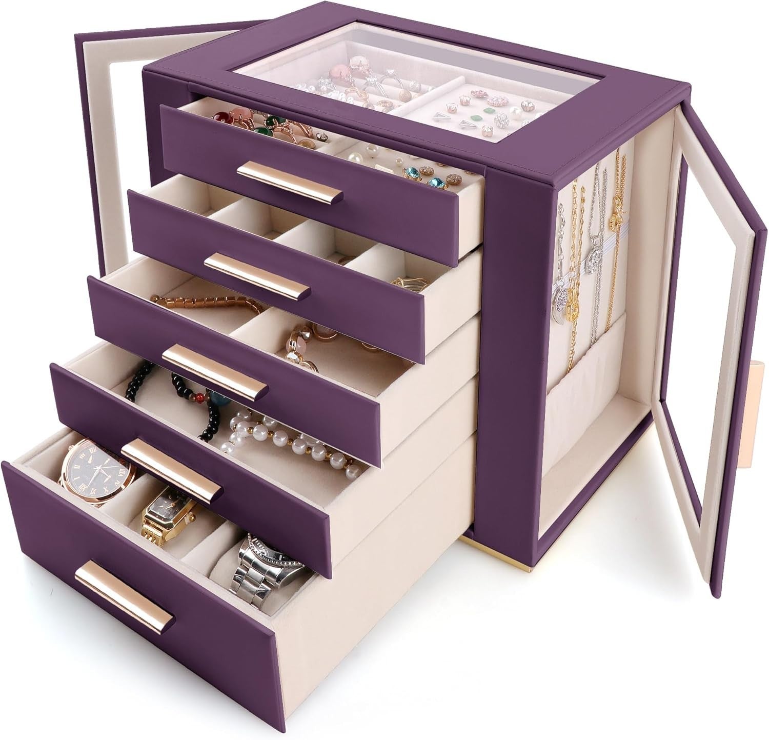 Purple PU Leather Jewellery Organizer Box Drawer Storage for Rings Watches
