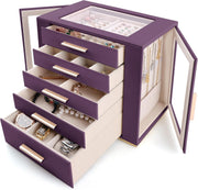 Purple PU Leather Jewellery Organizer Box Drawer Storage for Rings Watches