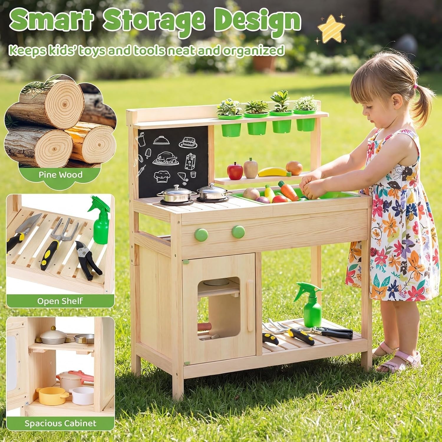 Outdoor Wooden Mud Kitchen Kids Playset Chalkboard Sink Flowerpots
