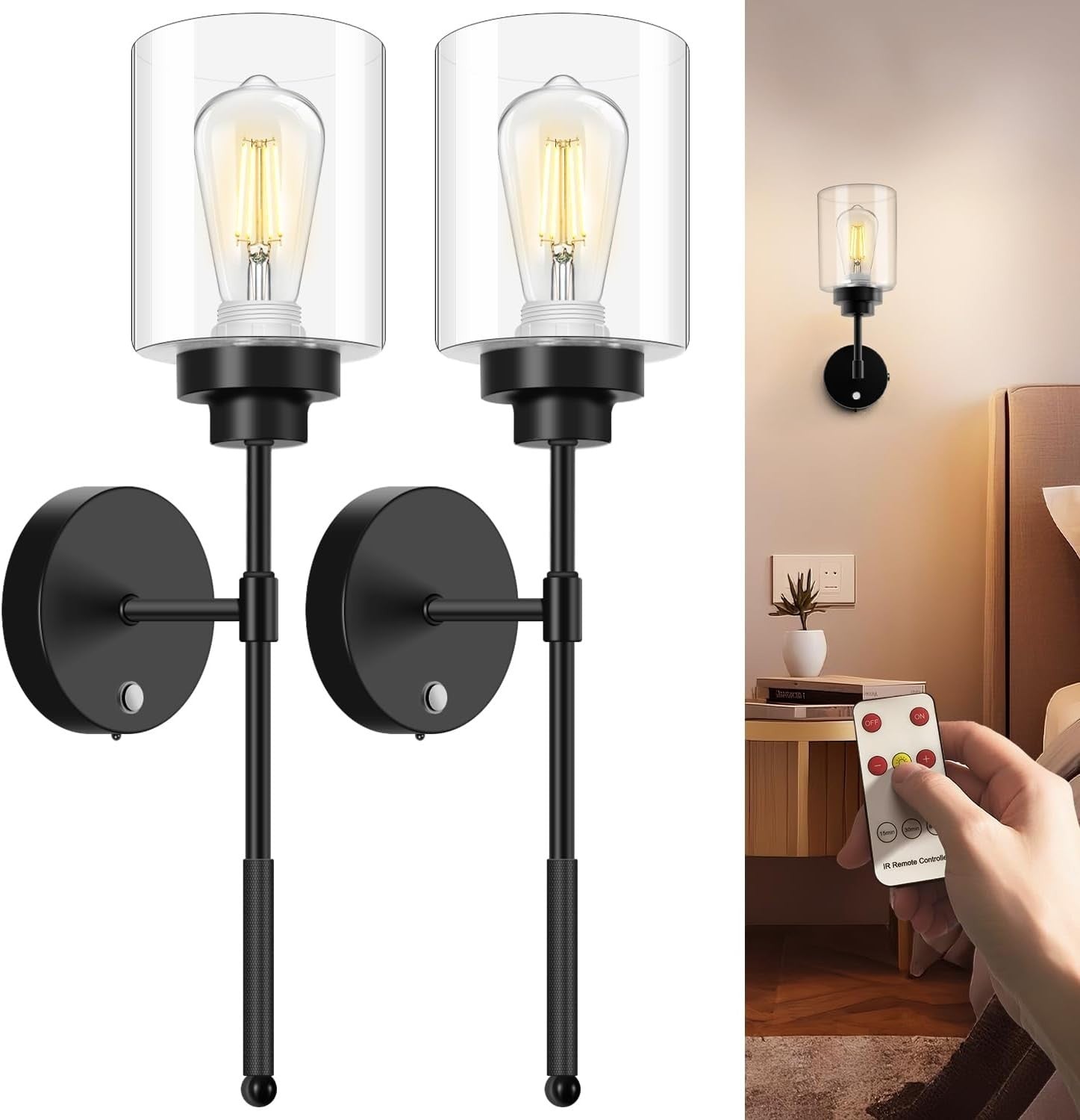 Wireless Battery Operated Wall Sconce Set of 2 with Remote, Dimmable, Black