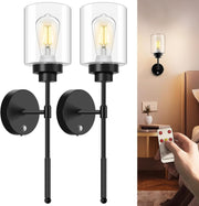 Wireless Battery Operated Wall Sconce Set of 2 with Remote, Dimmable, Black