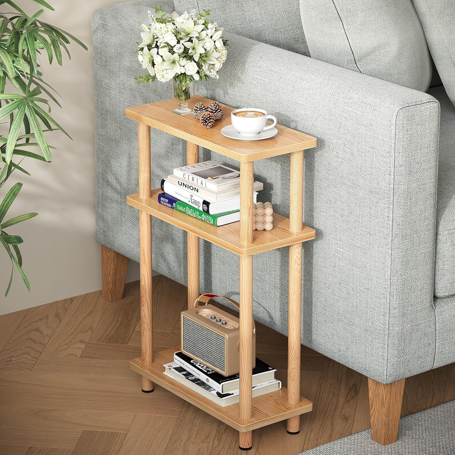 Slim 3-Tier Side Table, Space-Saving Narrow End Table for Living Room, Oak