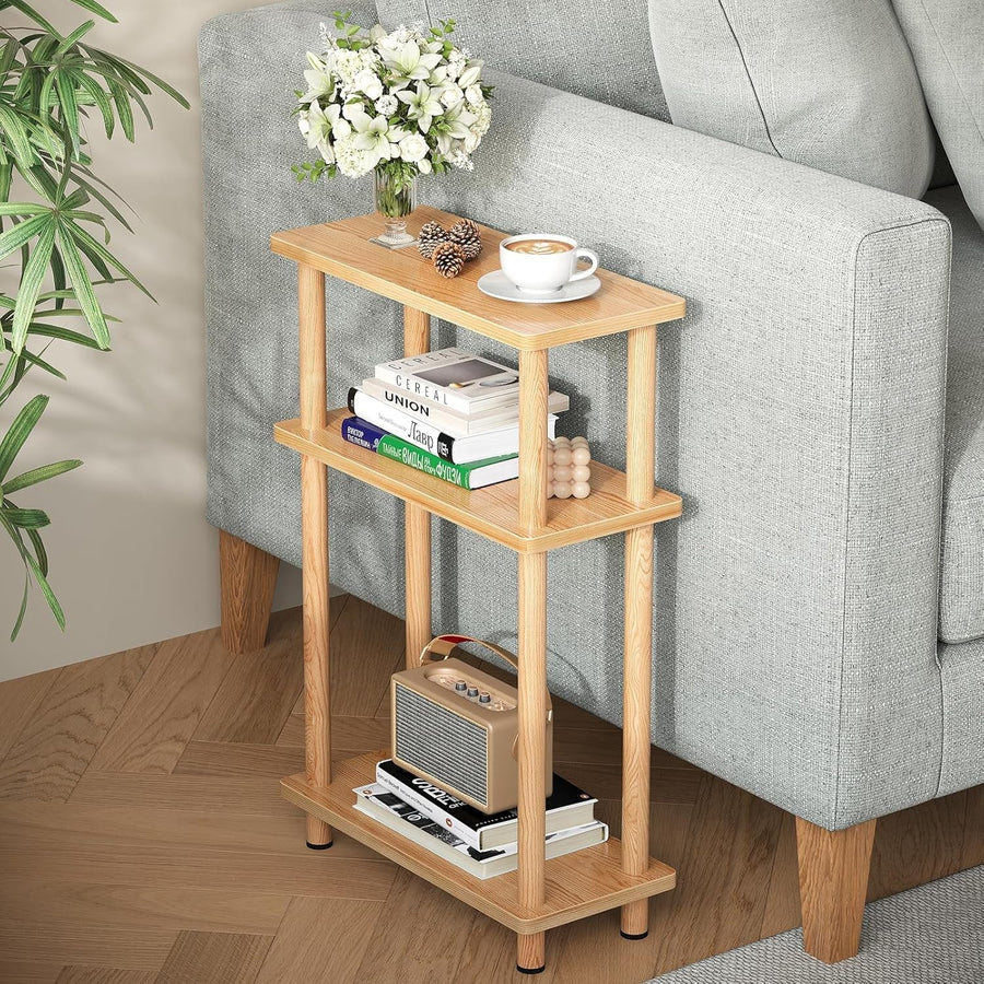 Slim 3-Tier Side Table, Space-Saving Narrow End Table for Living Room, Oak