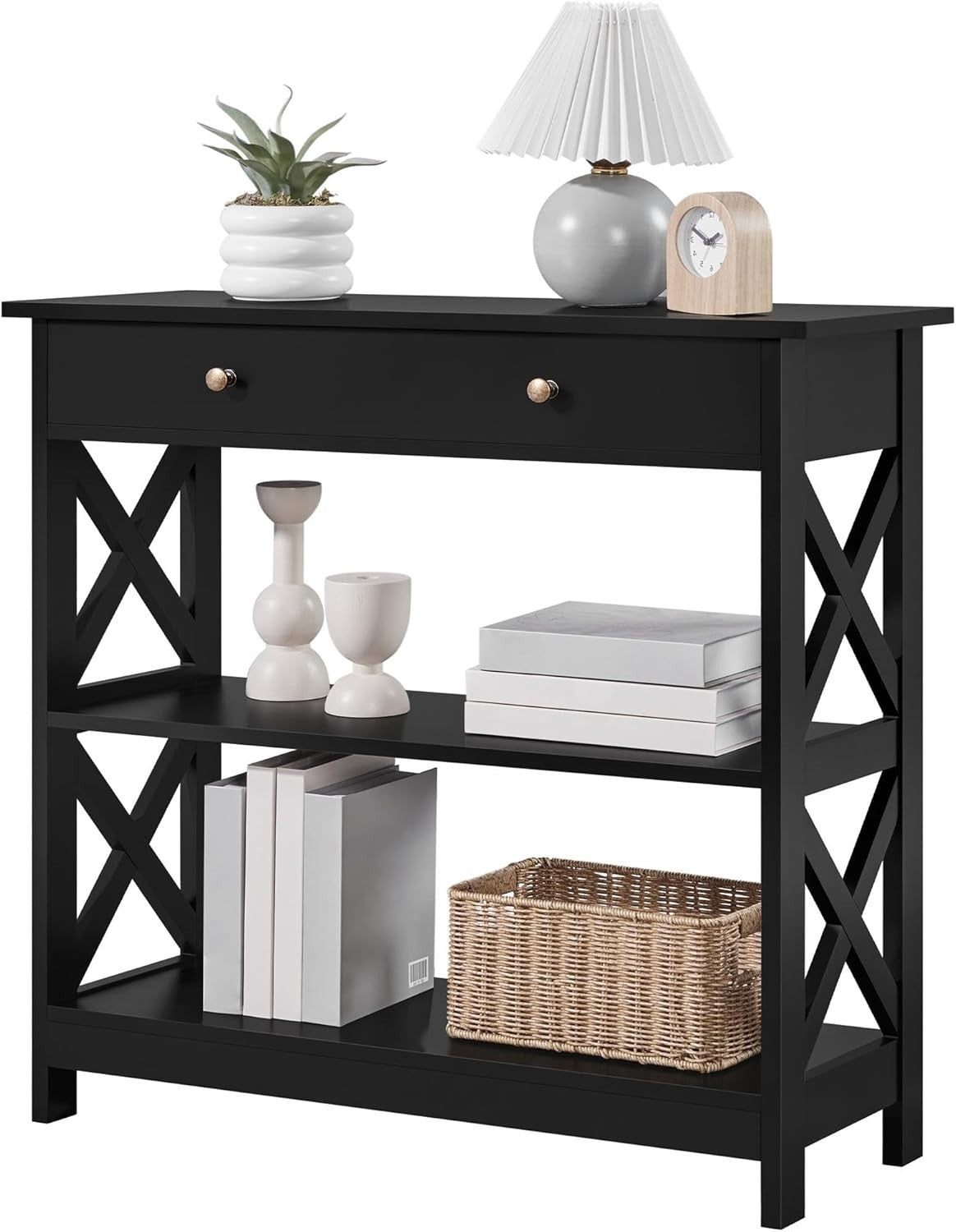 Compact Console Table with Drawer & 2 Shelves, Black, 80x30x80cm, Slim