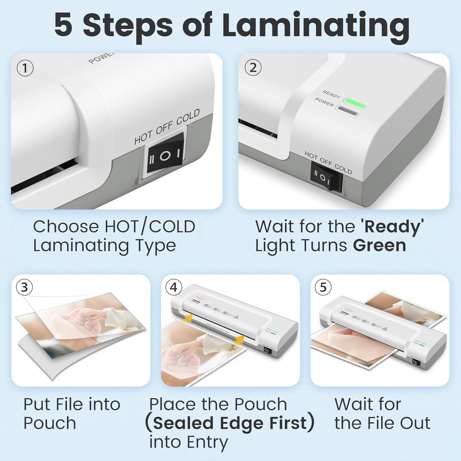A4 Laminator Machine Hot Cold 90s Warm Up Never Jam 4-in-1 + 30 Pouches