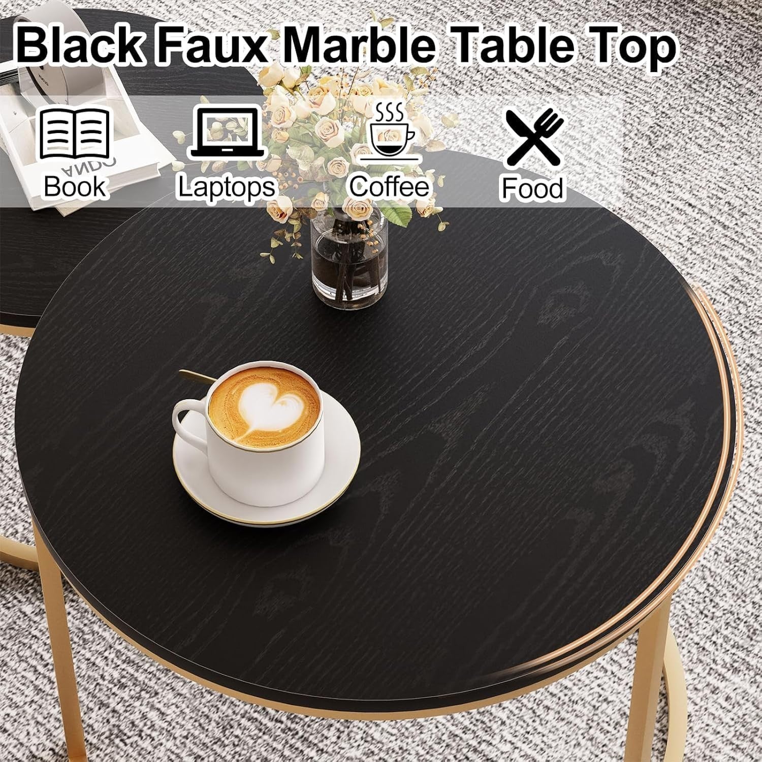 Nesting Coffee Tables Set of 2 Modern Round Black Gold Metal Side End Space Savi