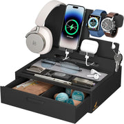 Bamboo Nightstand Organizer Tray with Drawer & Phone Dock, Multi-Device Holder