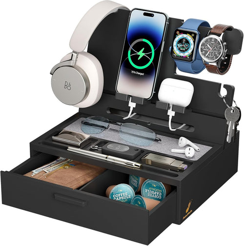 Bamboo Nightstand Organizer Tray with Drawer & Phone Dock, Multi-Device Holder