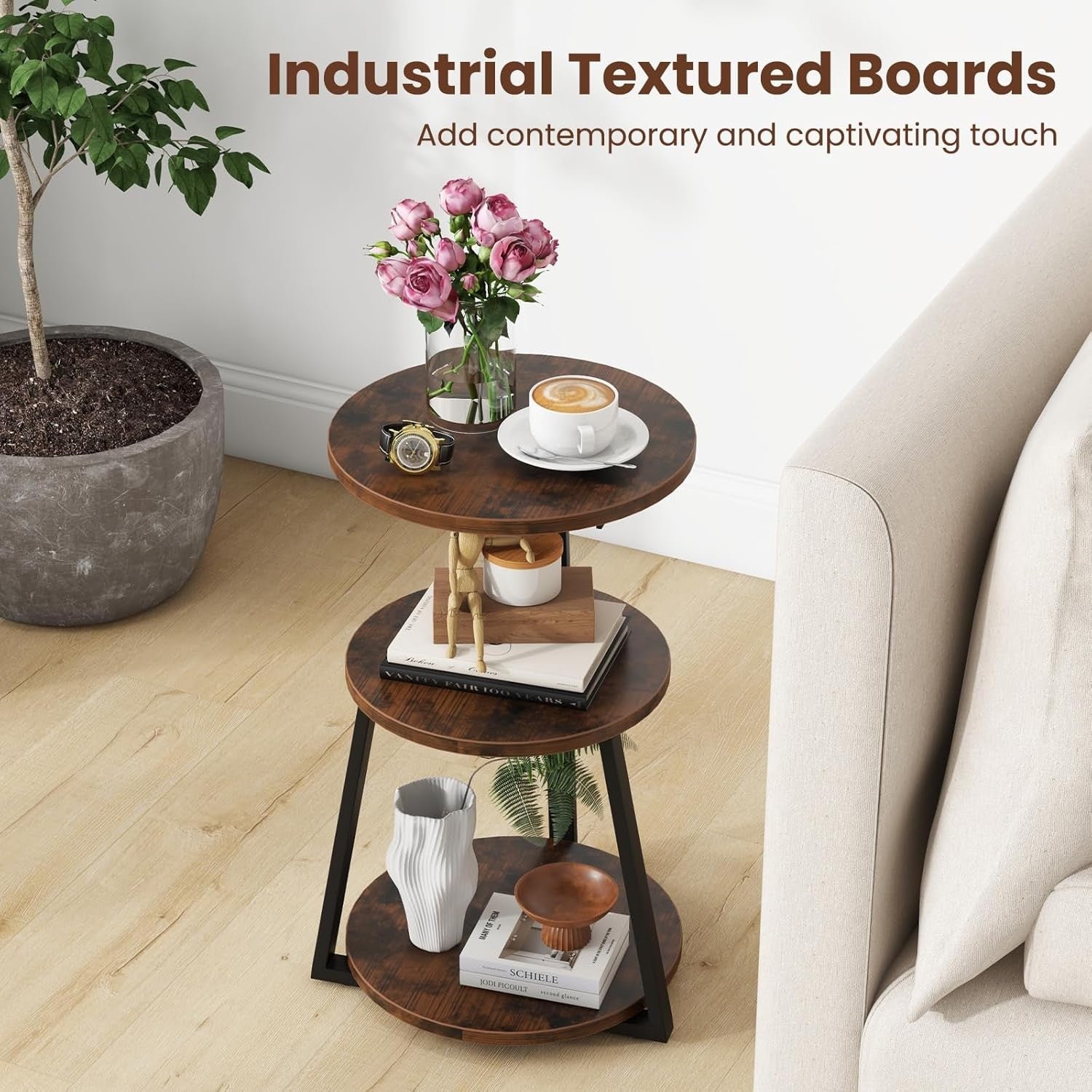 Set of 2 Rustic Brown 3-Tier Round Side Tables – Industrial Bedside Tables 40×55
