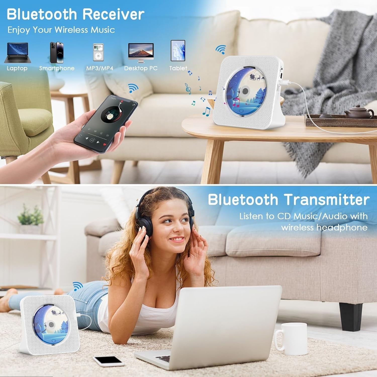 Desktop CD Player Bluetooth 5.0 Speakers FM Radio USB AUX Remote LCD