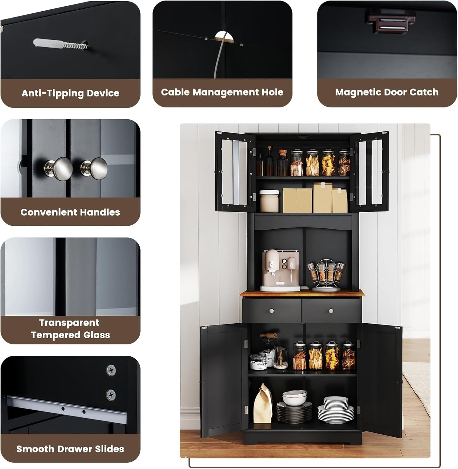 Black 170cm Tall Kitchen Cupboard 4-Door 4-Drawer Adjustable Shelves