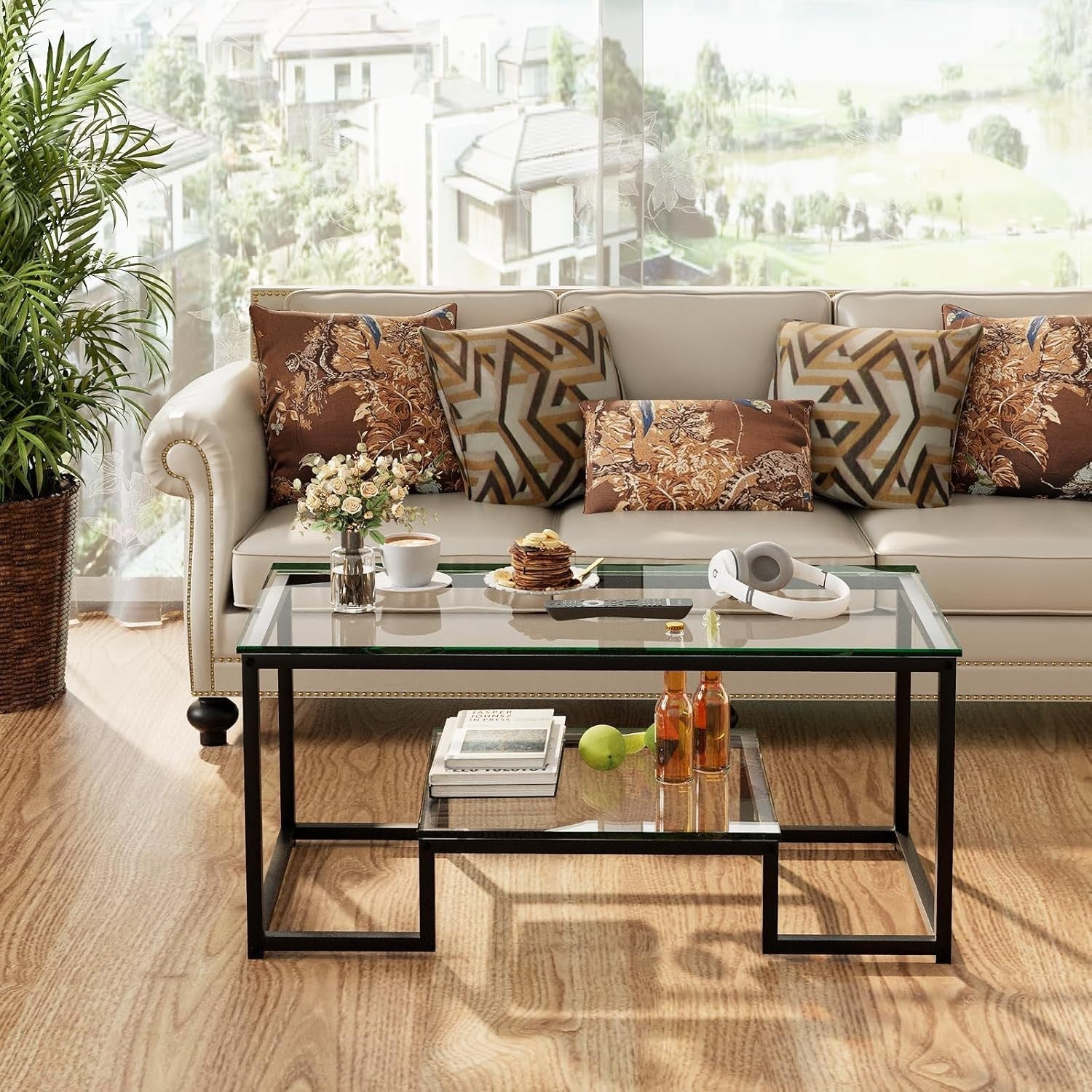 Modern Glass Coffee Table with Shelf – Black Metal Frame 2-Tier 100cm