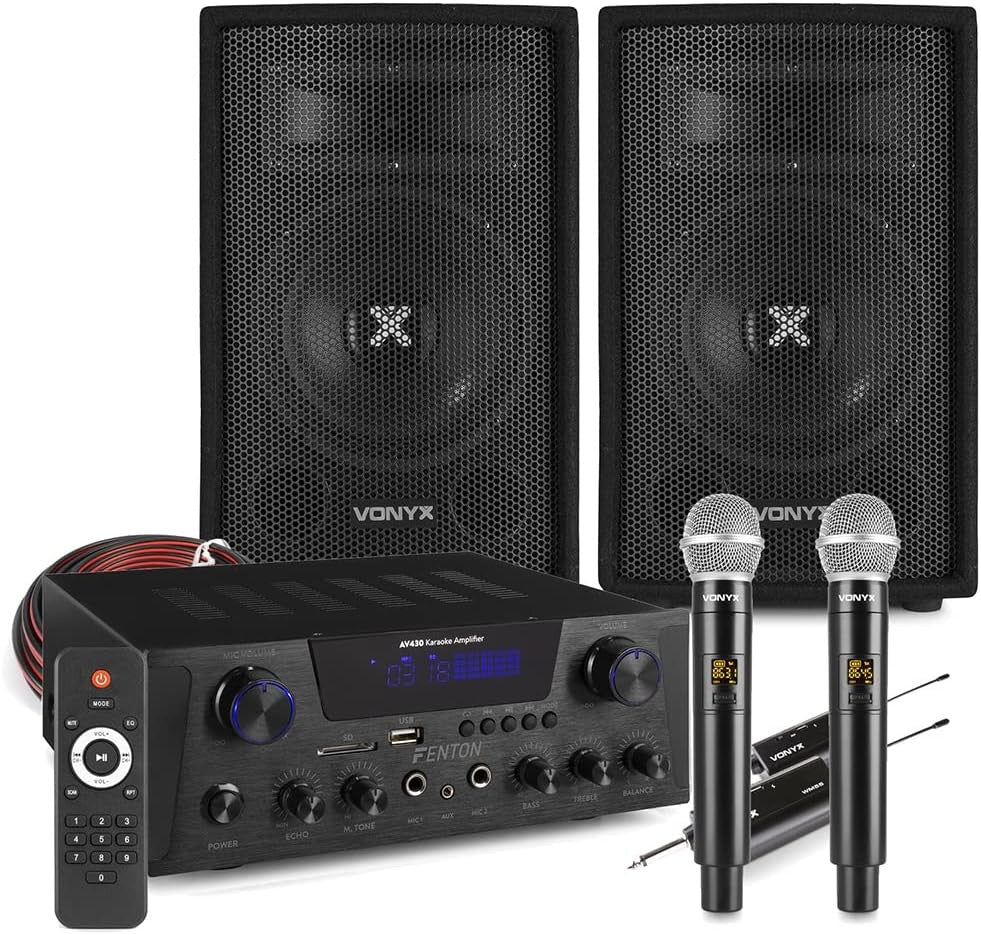 Bluetooth Karaoke System DJ Speakers 2 Wireless Mics Black 59x22x37cm