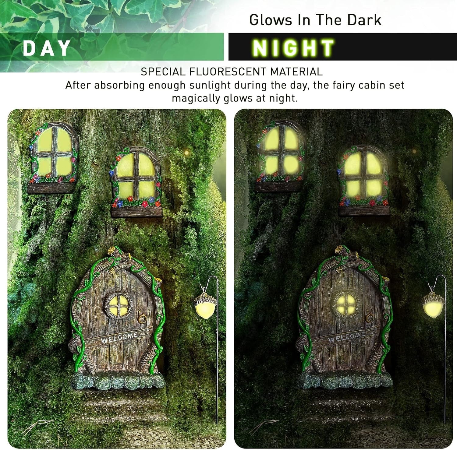 Fairy Door & Window Set Glow in Dark Garden Ornament Outdoor Resin Decor 4pcs