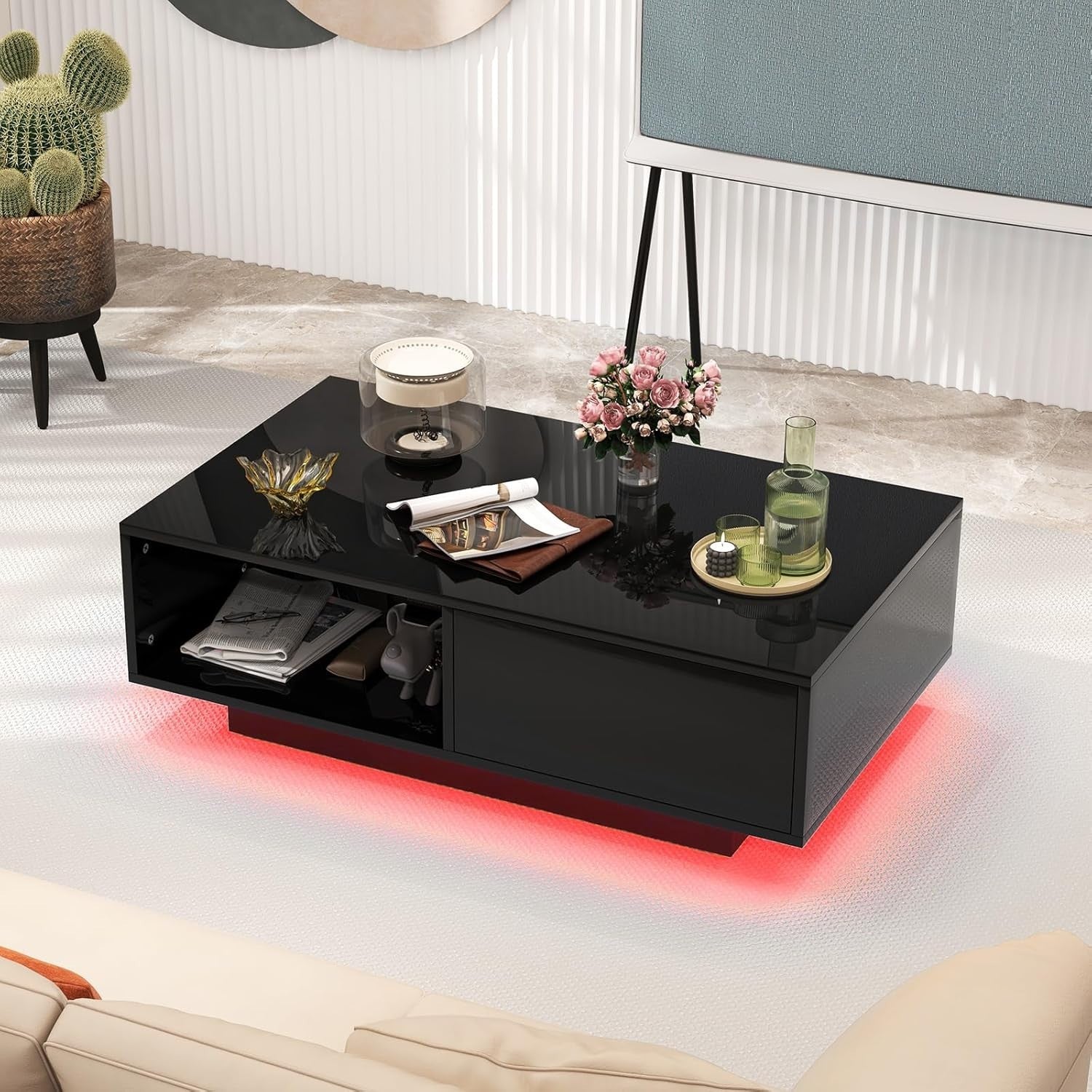 Modern LED Coffee Table with Storage Drawer – 20 Colour Lights, Black