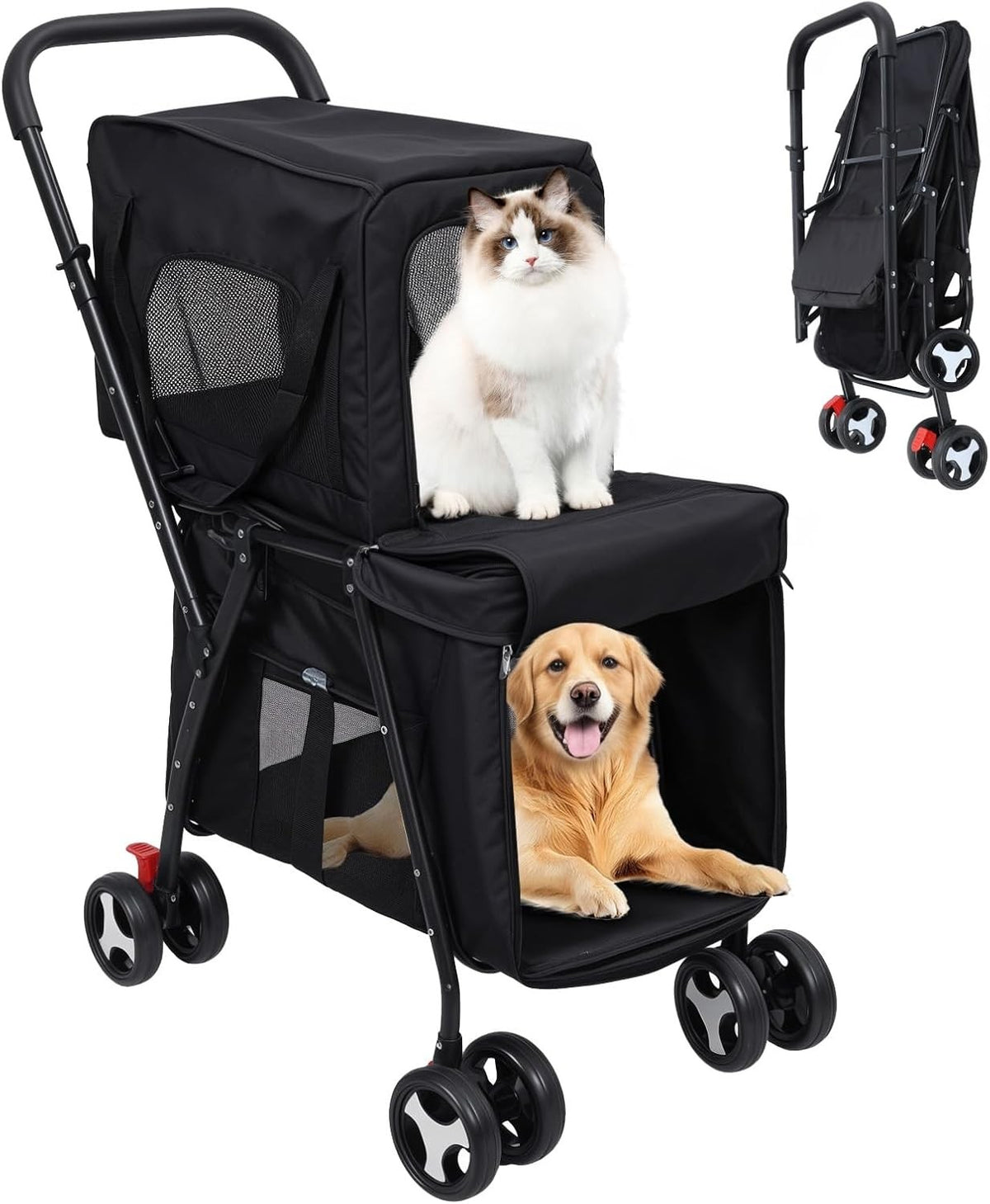 Double Pet Stroller for Dogs Cats Two Tier Foldable Travel Pram Black