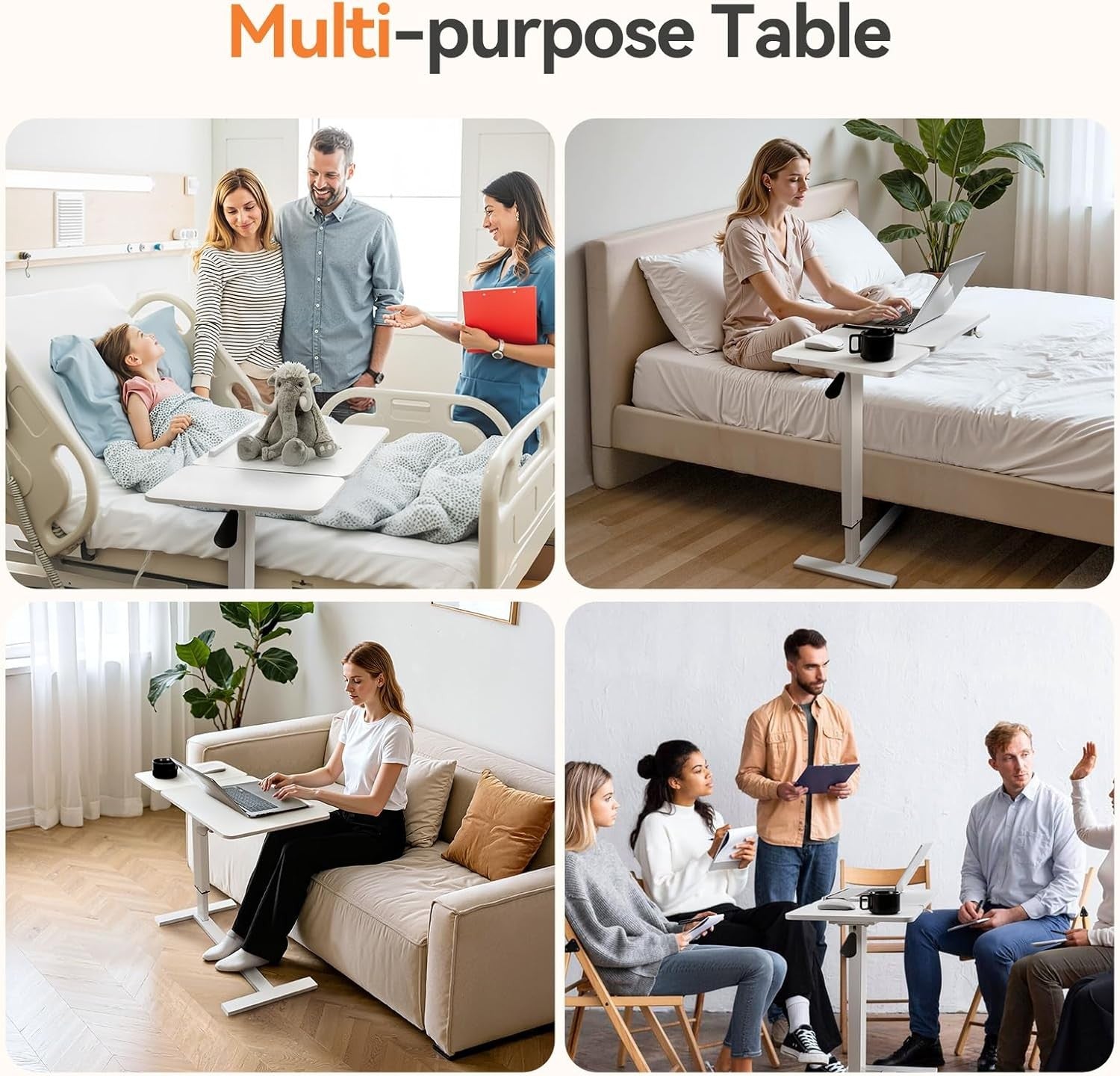 Overbed Laptop Table Height Adjustable Rolling Desk Tilting Top 80x40cm