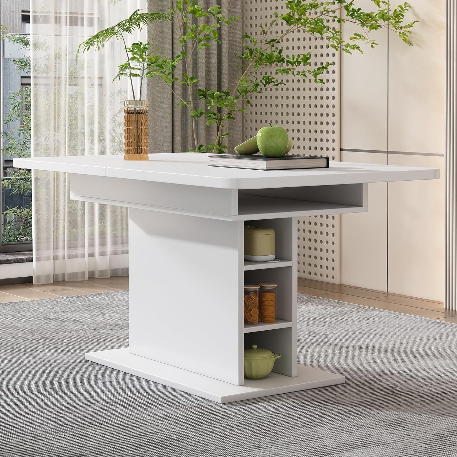 White Extendable Dining Table With Storage, Space Saving 130x70cm