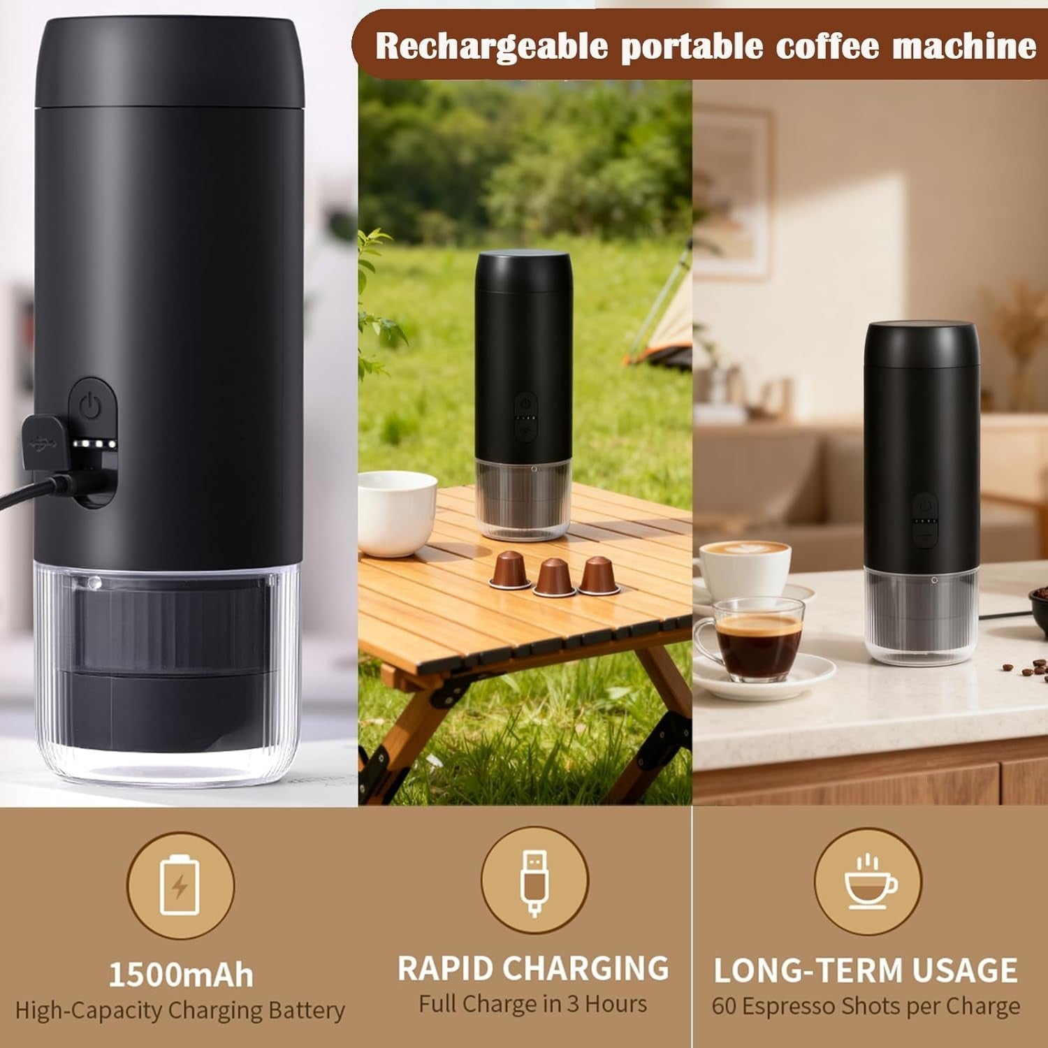 Portable Electric Espresso Maker | USB-C Rechargeable Travel Coffee Machine Blk