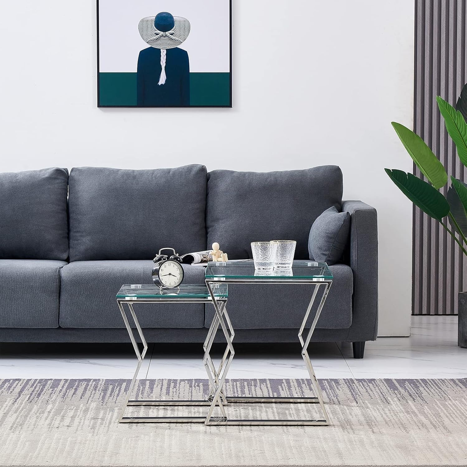 Space Saving Glass Nesting Coffee Table Set End Side Living Room Metal Frame