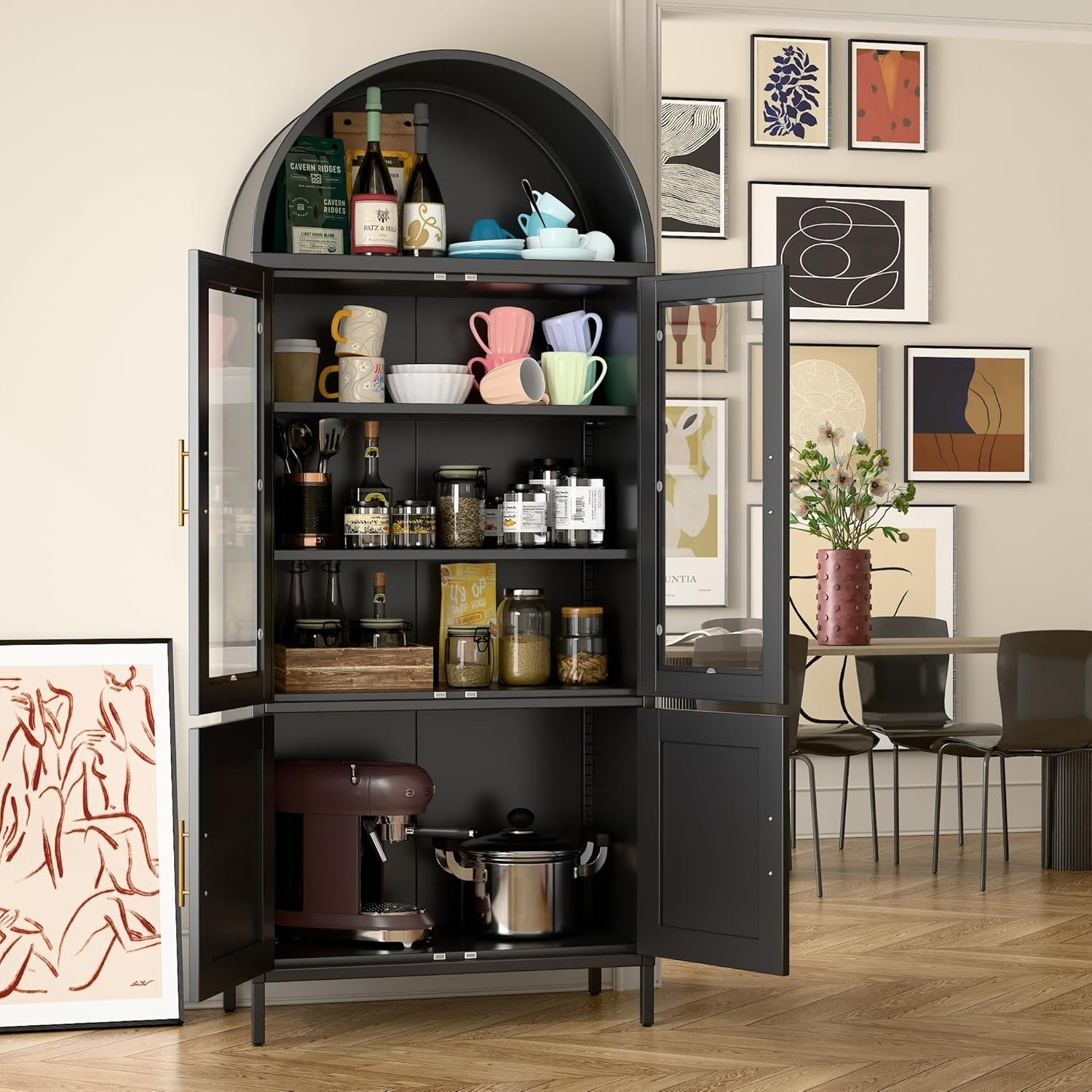Tall Black Metal Kitchen Cabinet Glass Doors Storage Unit Pantry Cupboard