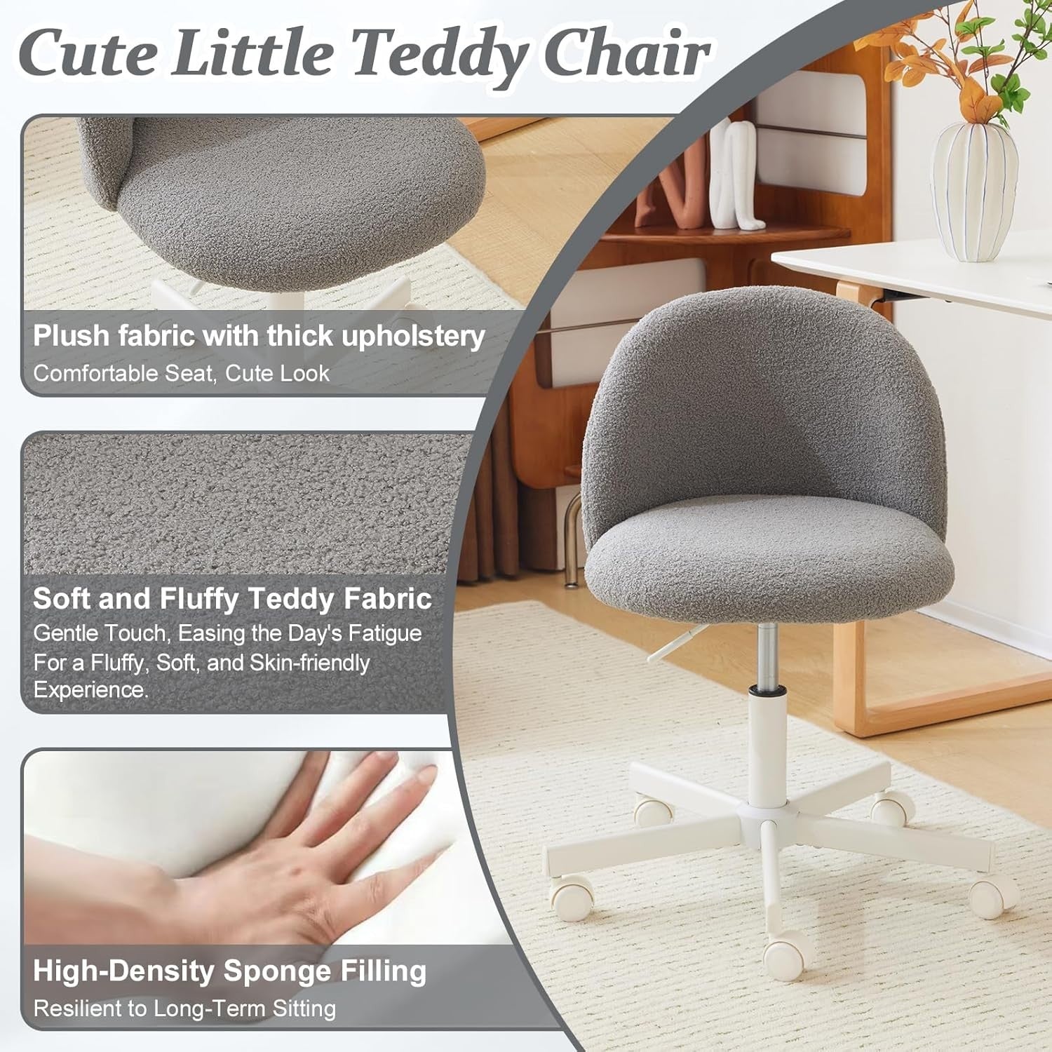 Grey Swivel Desk Chair Small Teddy Fleece Adjustable Height Modern Vanity Seat