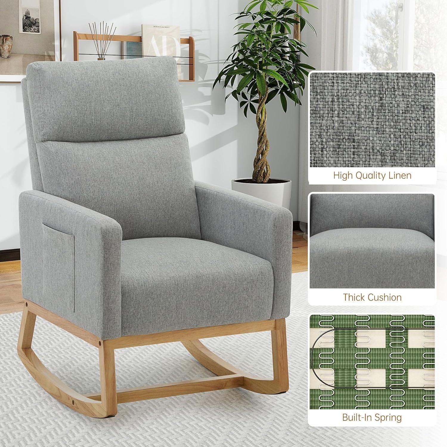Rocking Chair High Back Linen Armchair with Pockets for Nursery Bedroom
