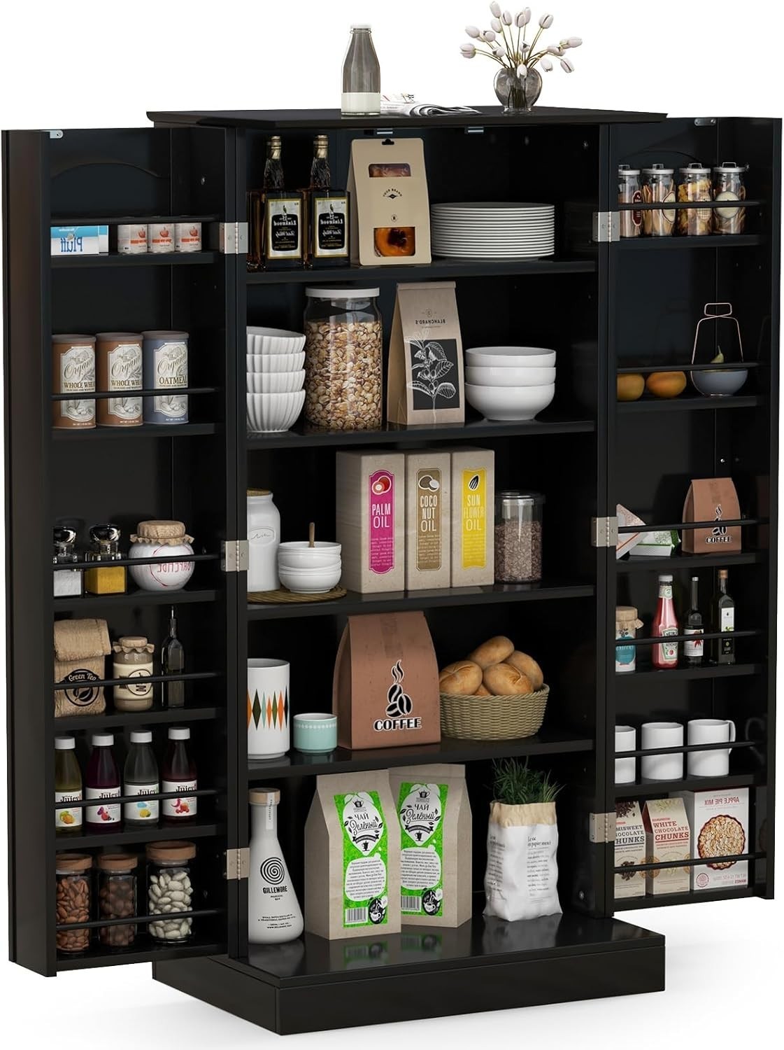 Compact Black Pantry Cabinet with 2 Doors and 17 Storage Shelves