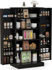Compact Black Pantry Cabinet with 2 Doors and 17 Storage Shelves