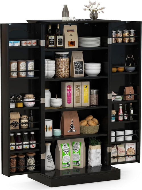 Compact Black Pantry Cabinet with 2 Doors and 17 Storage Shelves