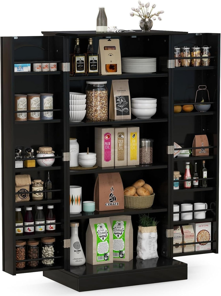 Compact Black Pantry Cabinet with 2 Doors and 17 Storage Shelves