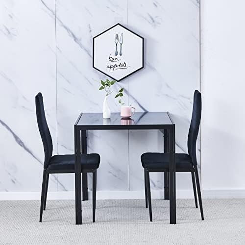 Square Glass Dining Table Set 75cm Black Flannel Chairs 2 Seater Compact