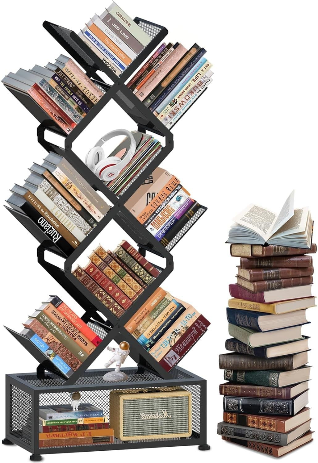 9 Tier Folding Tree Bookcase Metal Corner Bookshelf Free Standing Black