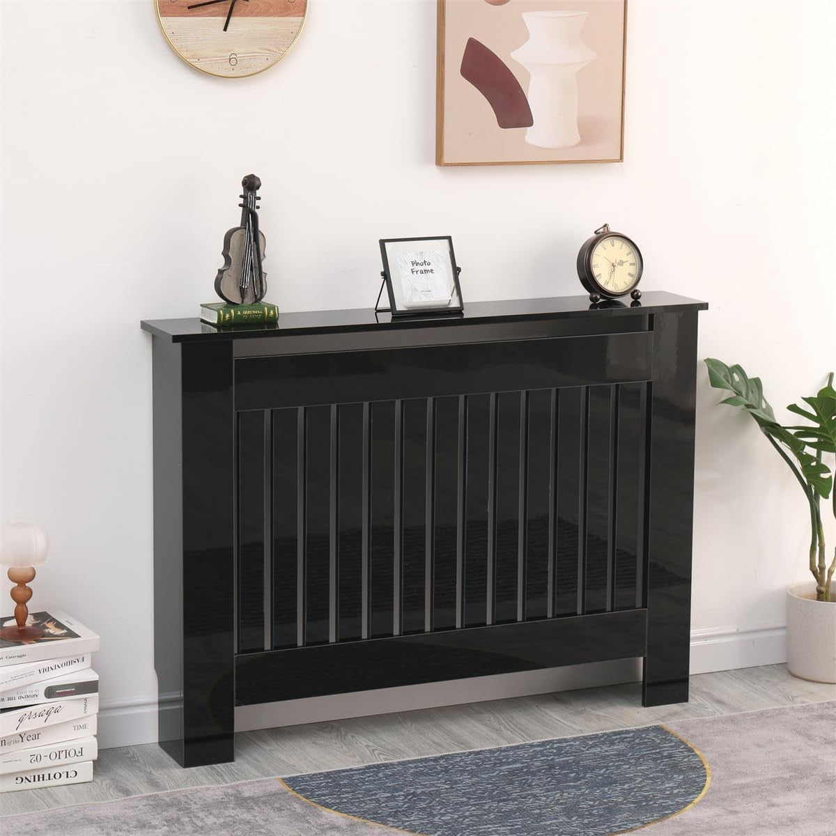 High Gloss Black Radiator Cover Medium Modern Slatted Cabinet 111cm Heating Unit