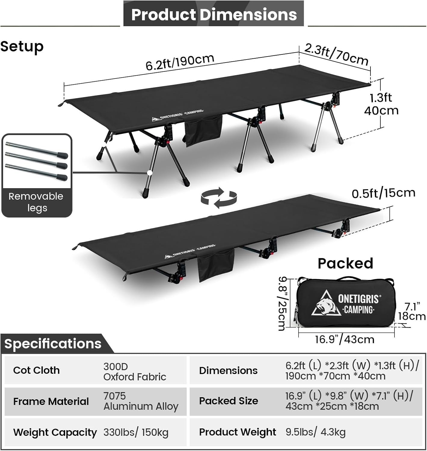 Adjustable Folding Camping Cot Portable Bed 330lbs Support Outdoor Travel