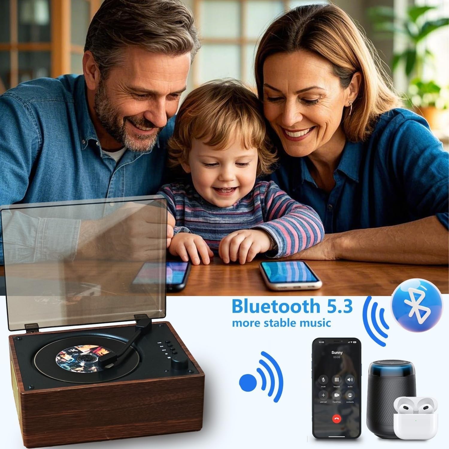Retro Bluetooth CD Player HiFi Speakers USB AUX Type C Remote Walnut