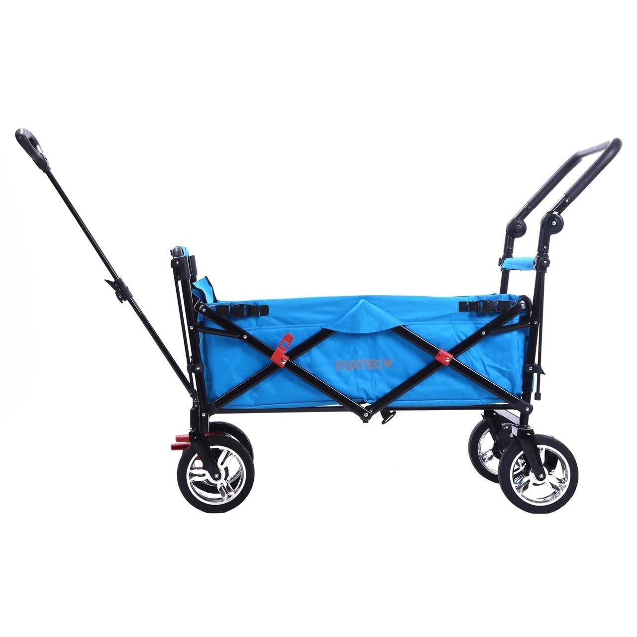 Blue Folding Kids Wagon Canopy Push Pull Outdoor Cart w/ Brakes & Rubber Wheels