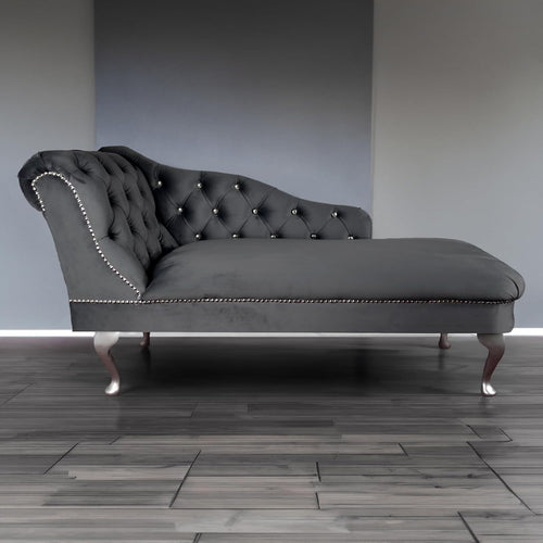 Tufted Grey Velvet Chaise Lounge Sofa Left Hand – Handmade, Compact & Elegant