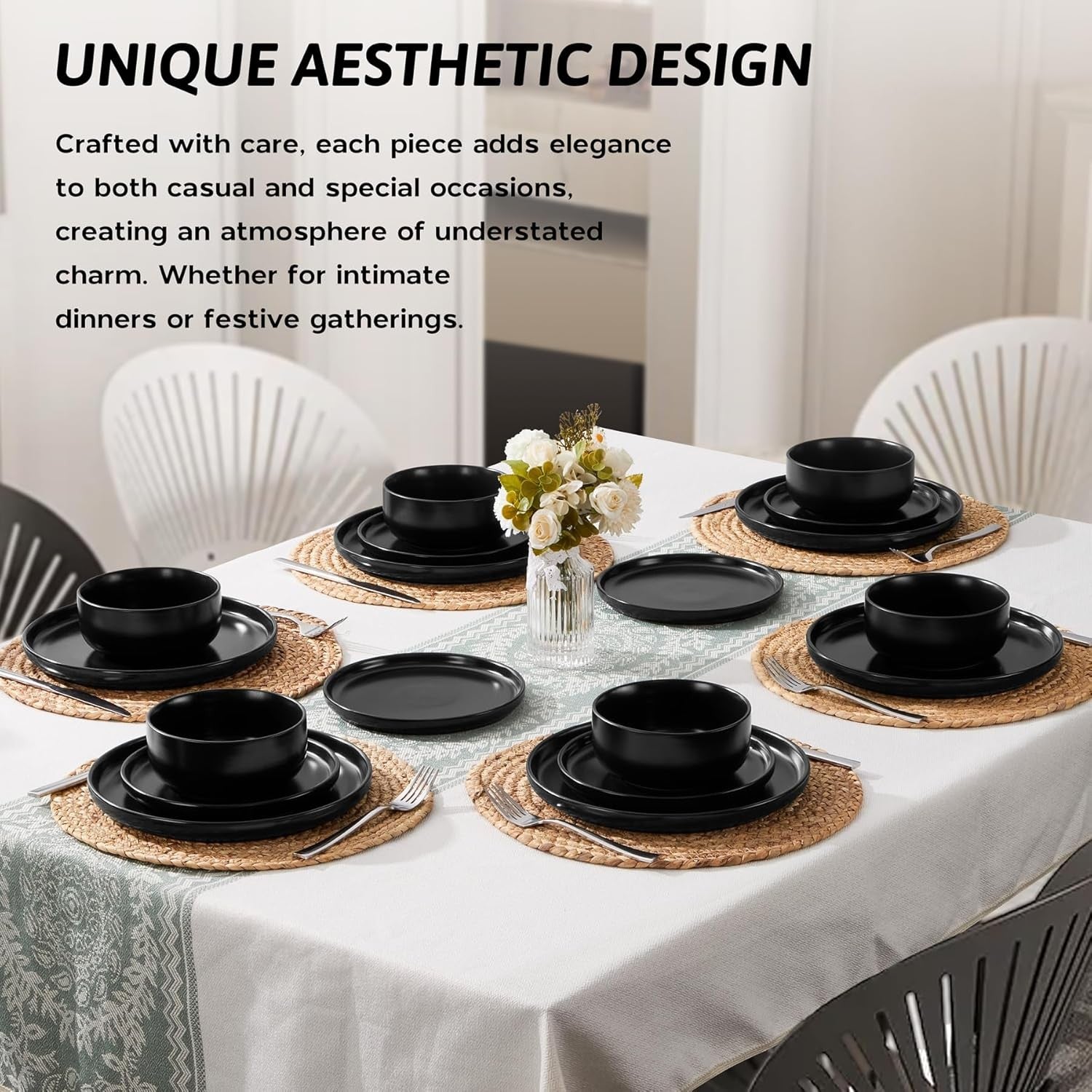 18pc Stoneware Dinner Set Matte Black Plates Bowls Microwave Safe