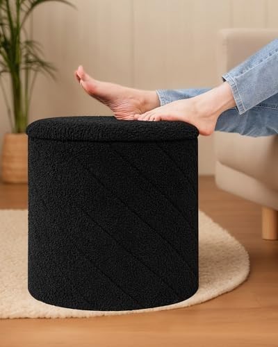 Black Round Storage Ottoman Footstool 3-in-1 Seat with Lid 43x43x45cm
