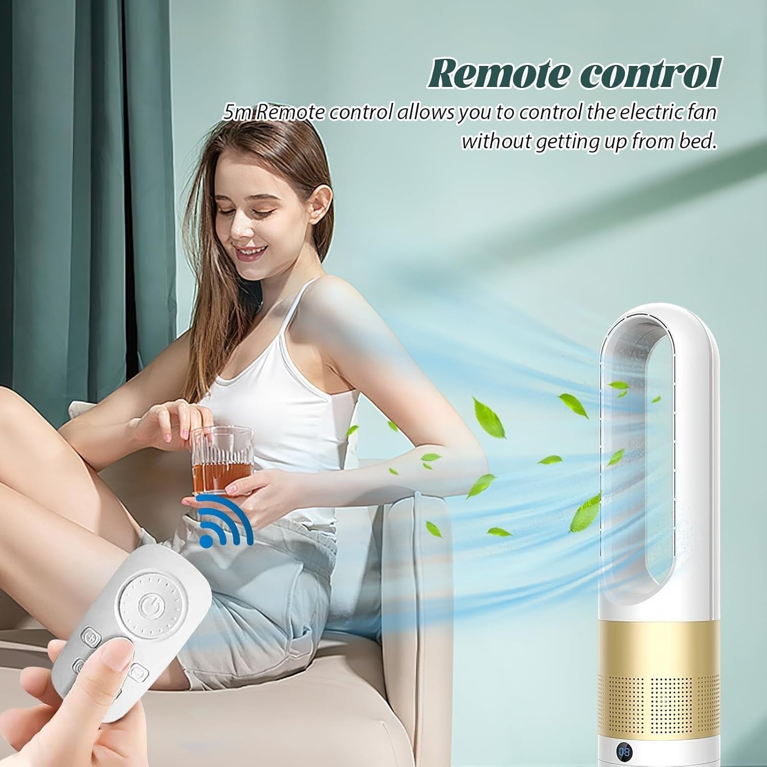 56cm Tower Fan Gold Bladeless Cooling Fan w/ Remote – 8H Timer & Air Purifier