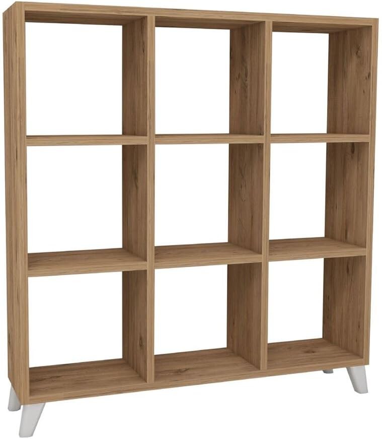 9-Cube Pine Bookcase with Legs, Modern Display Storage Unit for Living Room & Of