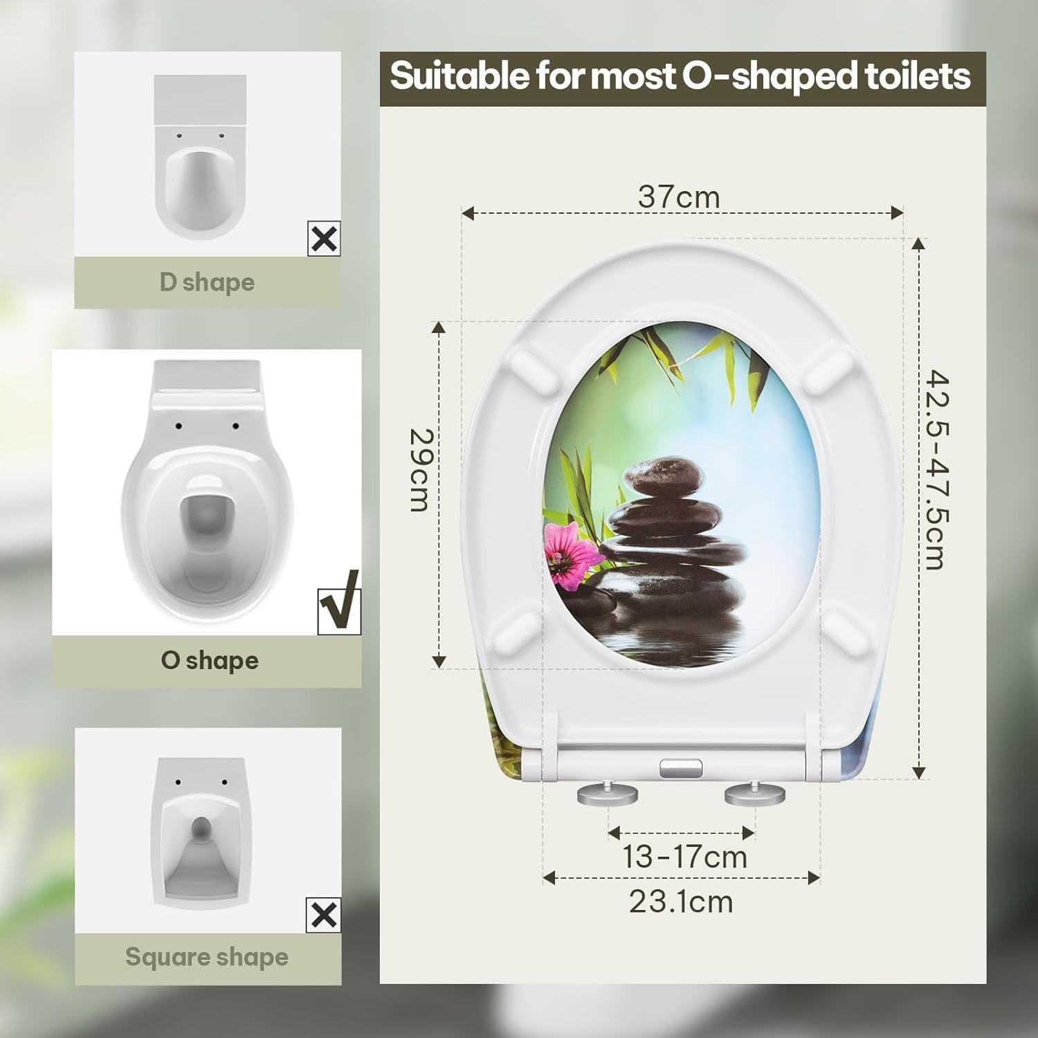 Soft Close O-Shaped Toilet Seat Quick Release Duroplast Stones & Flower Print