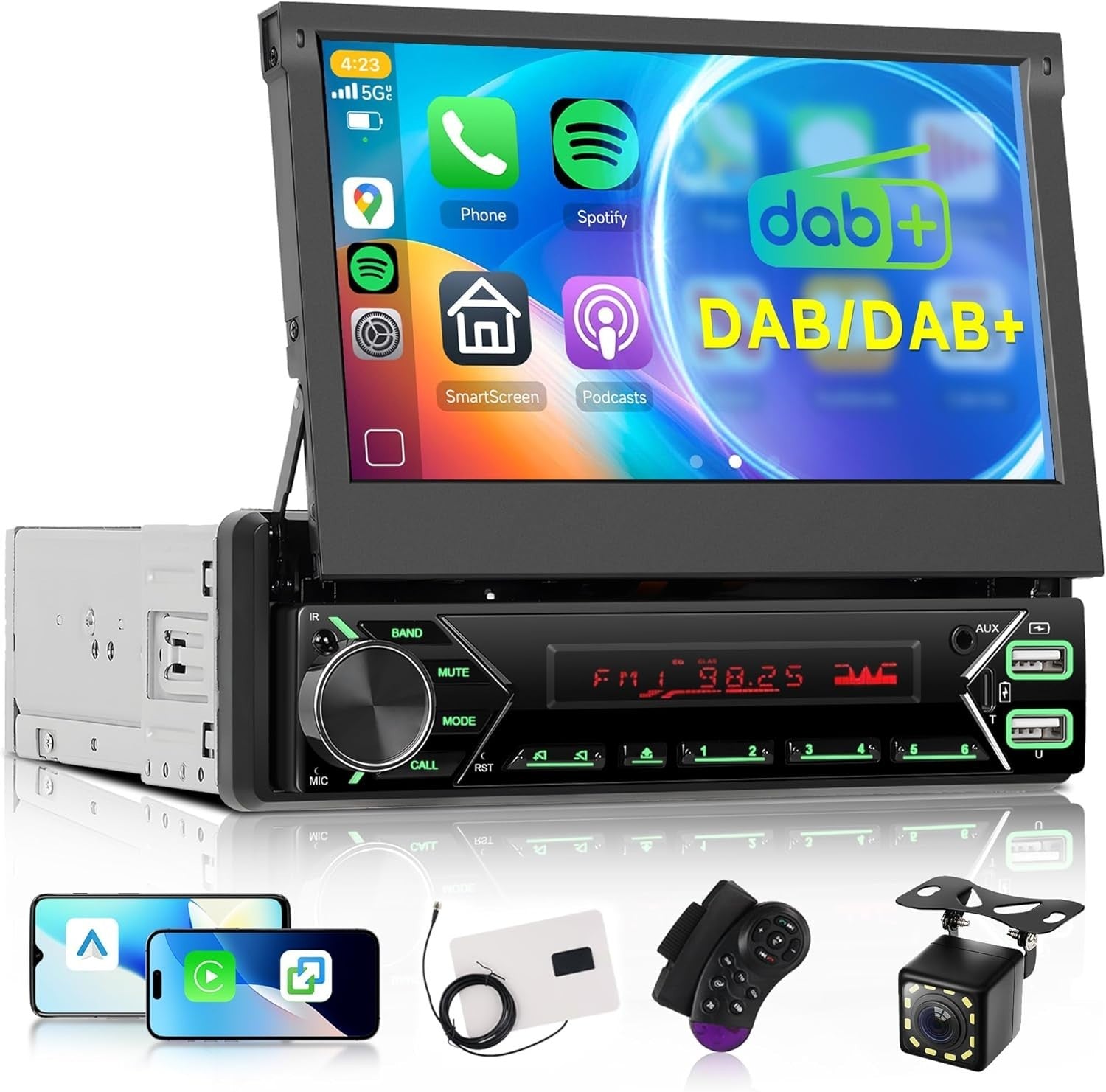 7" Electric Flip-Out Car Stereo Wireless CarPlay Android Auto DAB+