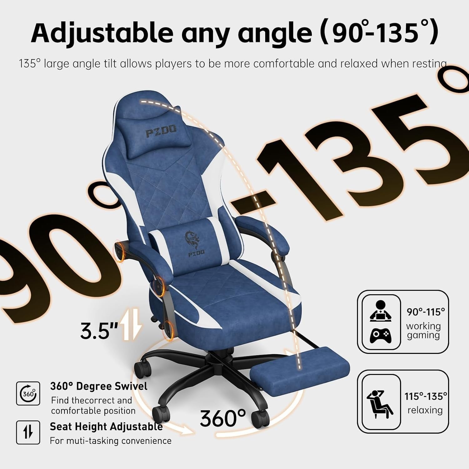 Ergonomic Gaming Chair Wide Seat Reclining Footrest Memory Foam Blue Adults
