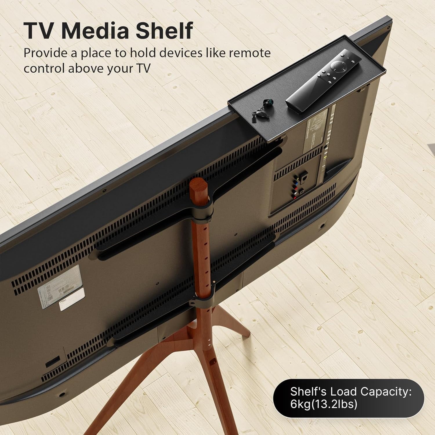 Wooden TV Stand Tripod 45–65” Adjustable Media Shelf Swivel Floor Mount