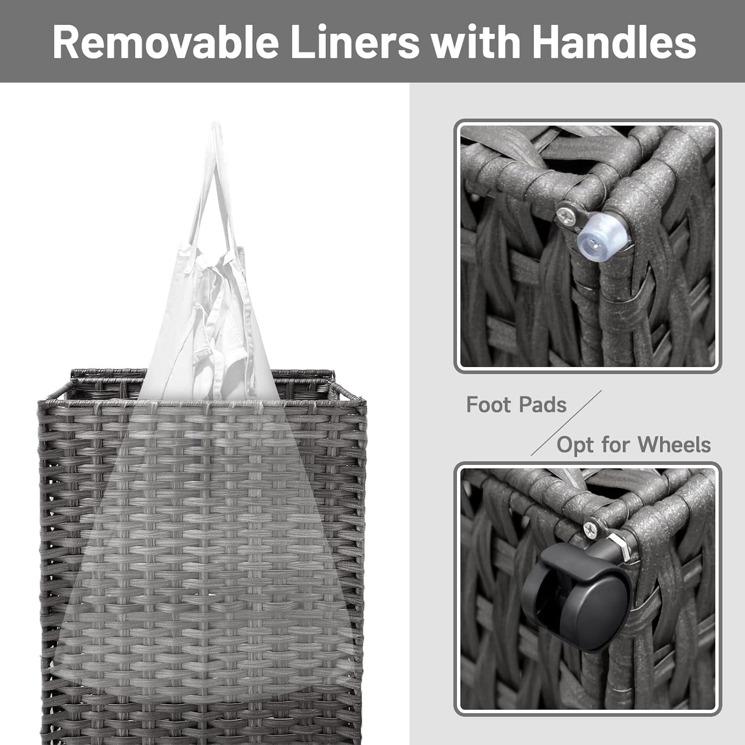 70L Slim Rattan Laundry Hamper Grey with Wheels 2 Liner Bags Tall Basket