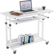 Rolling Study Desk White with Keyboard Tray Height Adjustable Work Table