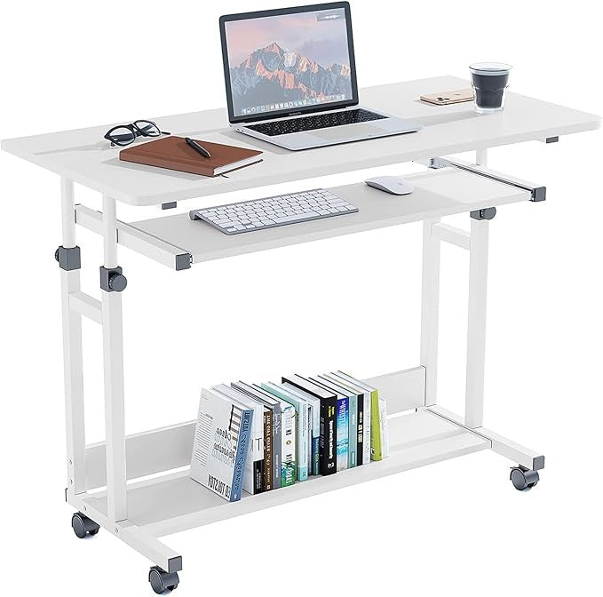 Rolling Study Desk White with Keyboard Tray Height Adjustable Work Table
