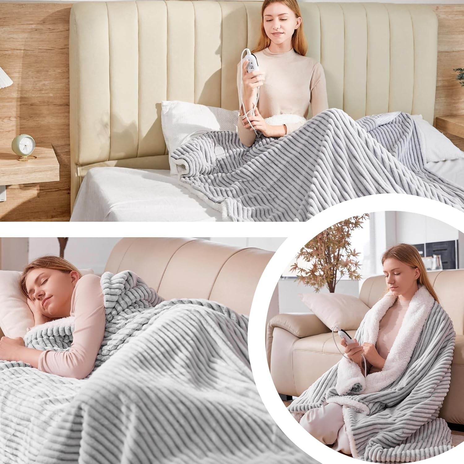 Black White Electric Heated Throw Blanket Double Sherpa 6 Heat Auto Off